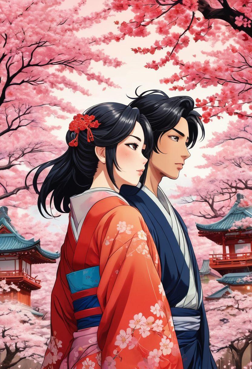 An eye-catching, bold image featuring a diverse group of manga characters expressing various emotions and themes related to sexuality and empowerment, intertwined with traditional Japanese elements like cherry blossoms and lanterns. The characters show inclusivity with different genders and body types, set against a dynamic backdrop of vibrant colors and swirling patterns that reflect the complexities of human desire. The overall feel should be playful yet thought-provoking. vibrant colors. anime style. dynamic composition.