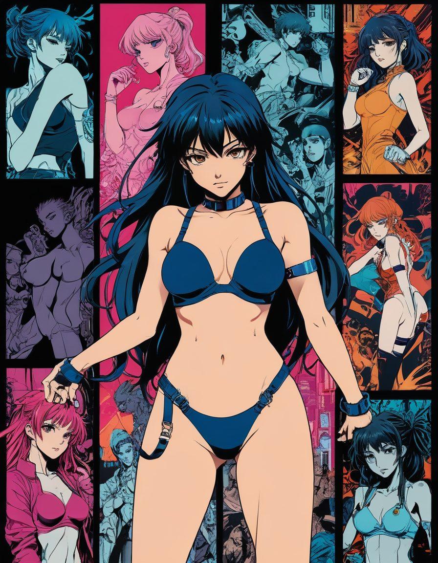 A dynamic collage showcasing the evolution of erotic manga swerving into anime, with iconic panels transforming into animated scenes. Include elements like classic manga art styles blending with modern graphic design, coupled with sensual characters in expressive poses. Set against a backdrop of subtle neon hues to convey an edgy yet playful vibe, highlighting the fusion of art forms. Incorporate motifs of ink pens and digital screens to enhance the theme of transition from page to screen. vibrant colors. cyberpunk.